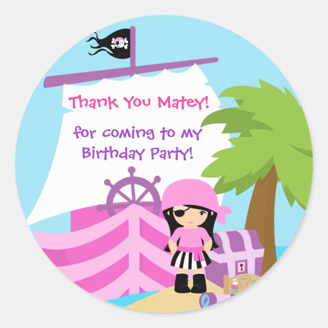 Adesivo Redondo Rapariga Pirata Aniversário Obrigado Sticker
