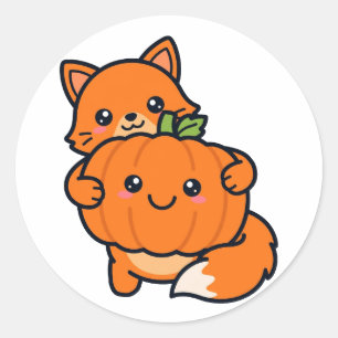 Adesivo Redondo Rapariga Raposa Abraçando Abóbora Halloween