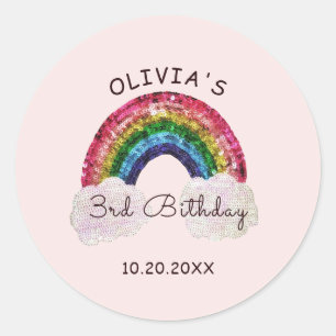 Adesivo Redondo Rapariga rosa Aniversário Rainbow Favor Stickers