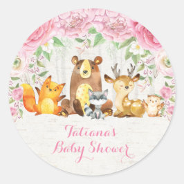 Adesivo Redondo Rapariga Rosa Floral Animais De Bebê Da Floresta F