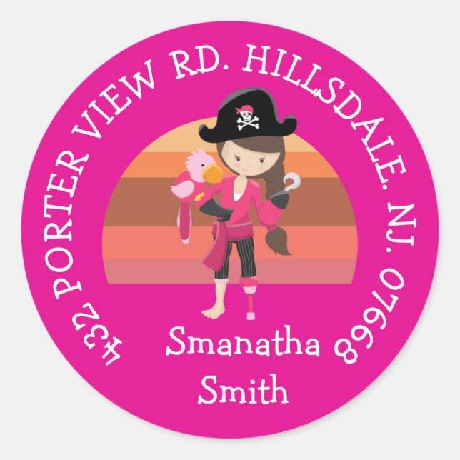 Adesivo Redondo Rapariga Rosa Papagaio Pidro Partido ENDEREÇO Clás (Frente)