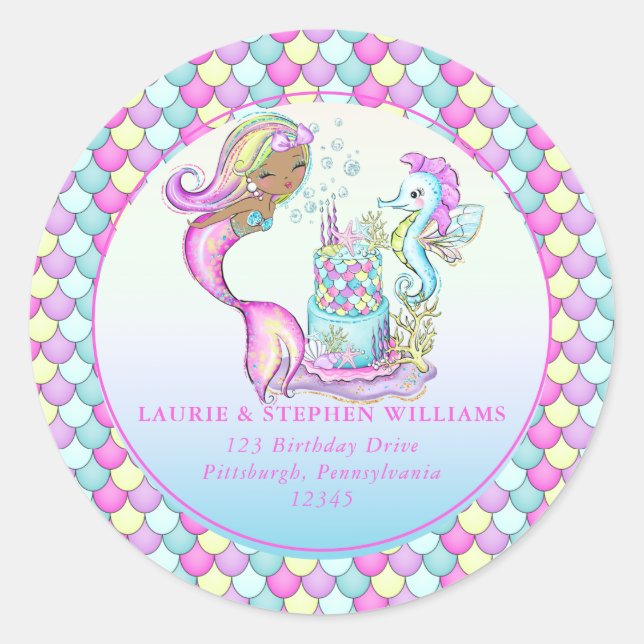 Adesivo Redondo Rapariga Sereia do Endereço de Devolução de primei (Frente)