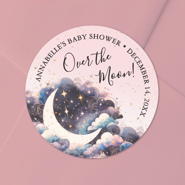 Adesivo Redondo Rapariga Sobre O Chá de fraldas Da Lua (Girl Over The Moon Baby Shower Classic Round Sticker)