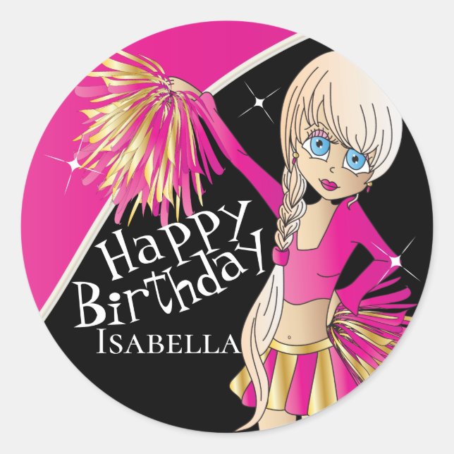 Adesivo Redondo Raparigas Pom Pom De Cheerleader Bonito | Rosa (Frente)