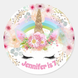 Adesivo Redondo Raparigas Unicorn Apelidos de Aniversário DENOMINA
