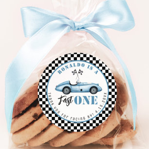 Adesivo Redondo Rápido carro azul de corrida Garoto Aniversário Ob