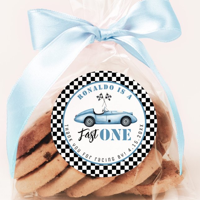 Adesivo Redondo Rápido carro azul de corrida Garoto Aniversário Ob (Criador carregado)