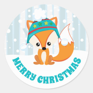Adesivo Redondo Raposa-branca no Chapéu de inverno no Natal da Flo