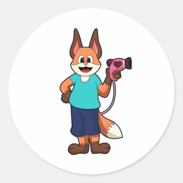 Adesivo Redondo Raposa como cabeleireiro com secador de cabelo (Frente)