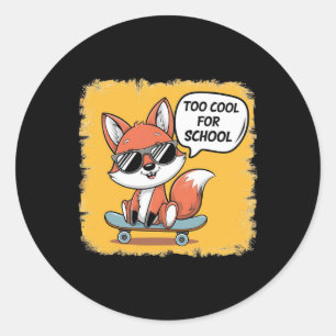 Adesivo Redondo Raposa de skateboarding na moda Too Cool For Schoo