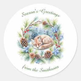 Adesivo Redondo Raposa dormente no festival de inverno