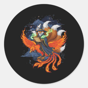 Adesivo Redondo Raposa Montando Fênix Anime Ukiyo-e Mitologia Japo