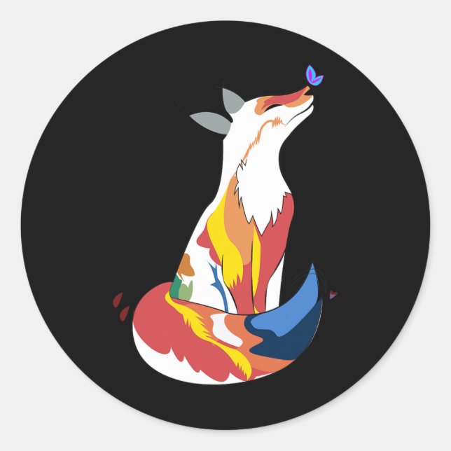 Adesivo Redondo Raposa Vermelha E Amarela, Cuja Borboleta Escura (Frente)