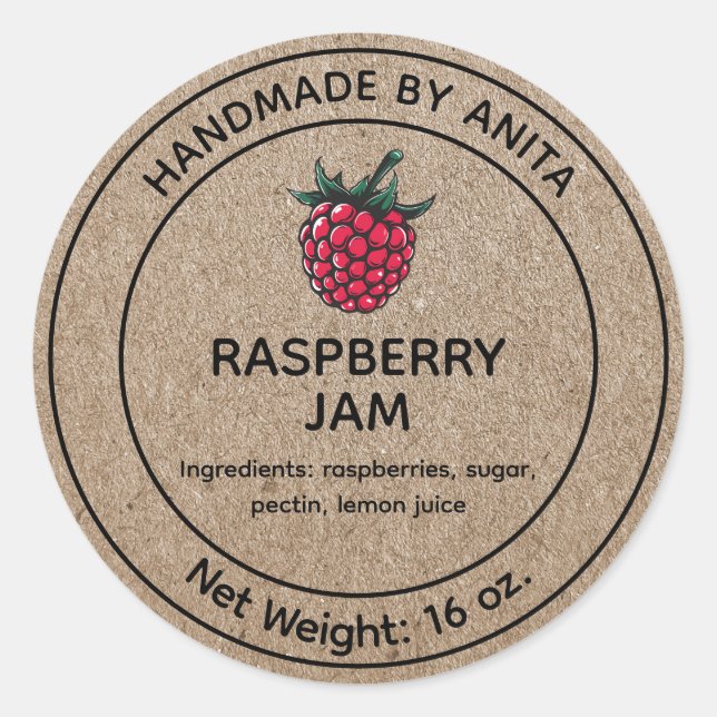 Adesivo Redondo Raspberry Jam Jelly Jar Label Kraft Estilo de Pape (Frente)