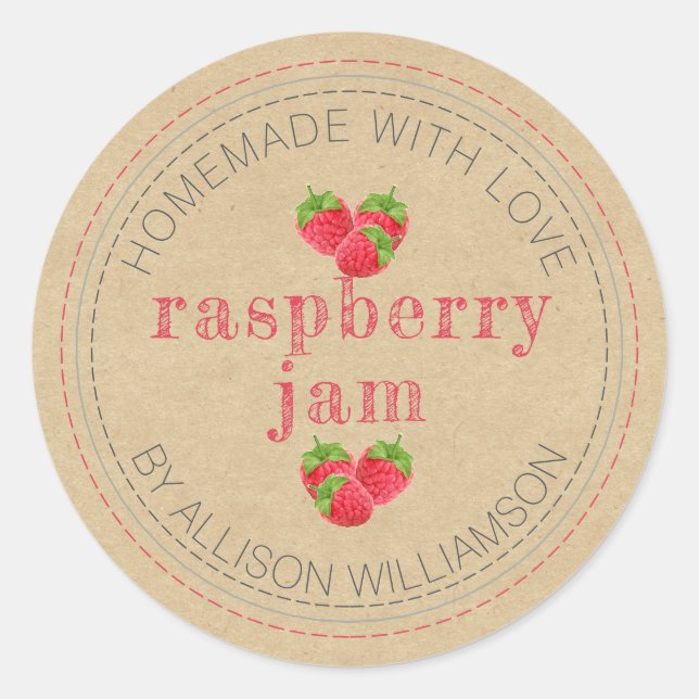 Adesivo Redondo Raspberry Jam pode Kraft de papel jar (Frente)