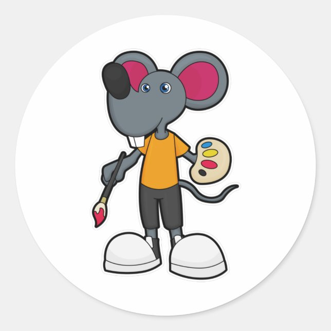 Adesivo Redondo Rato como Pintor com Pinta e Pincel (Frente)