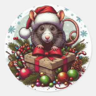 Adesivo Redondo Rato vestindo Papai Noel presentes de Natal