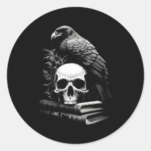 Adesivo Redondo Raven Bird Skull E Livros Witchy Occult Academia