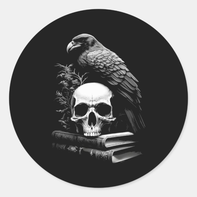 Adesivo Redondo Raven Bird Skull E Livros Witchy Occult Academia (Frente)