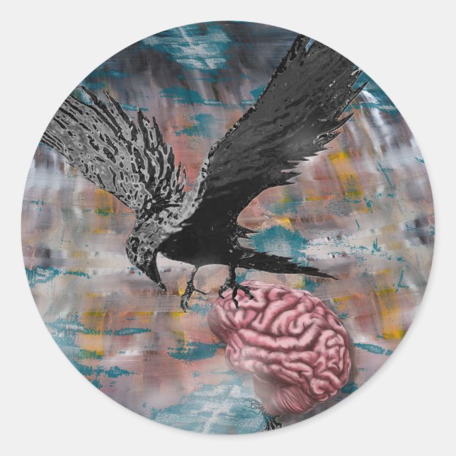 Adesivo Redondo Raven Crow Black Bird Abstrato surreal Art (Frente)