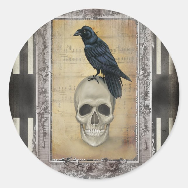 Adesivo Redondo Raven e Skull halloween (Frente)
