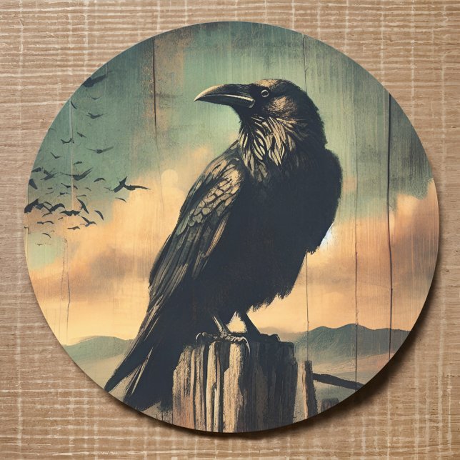 Adesivo Redondo Raven Ghost Town Desert Sunset Western Bird (Rustic Raven Sticker Ghost Town Desert Sunset Faded Western Landscape Symbolic  of Death, Resilience)