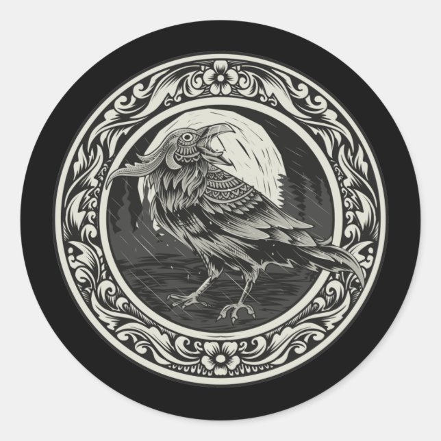 Adesivo Redondo Raven Medallion Carving Art Bird Nature (Frente)