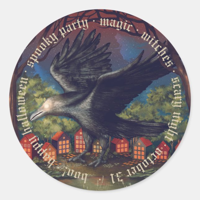 Adesivo Redondo Raven Moonlight Witts Halloween Night (Frente)