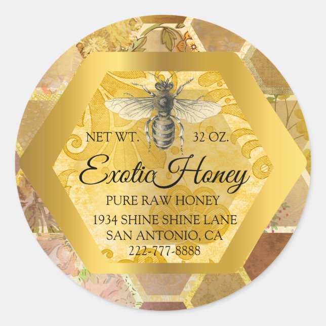 Adesivo Redondo Raw Honey Jar Honeybee Honeycomb Apiary Dourado VI (Frente)