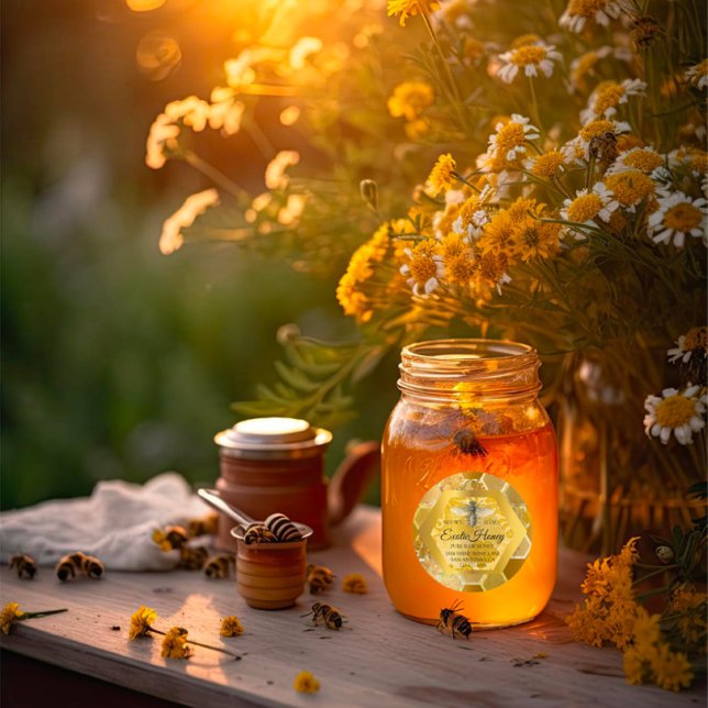Adesivo Redondo Raw Honey Jar Honeybee Honeycomb Bee Apiary Ouro (Raw Honey Jar Honeybee Honeycomb Bee Apiary Golden Classic Round Sticker)