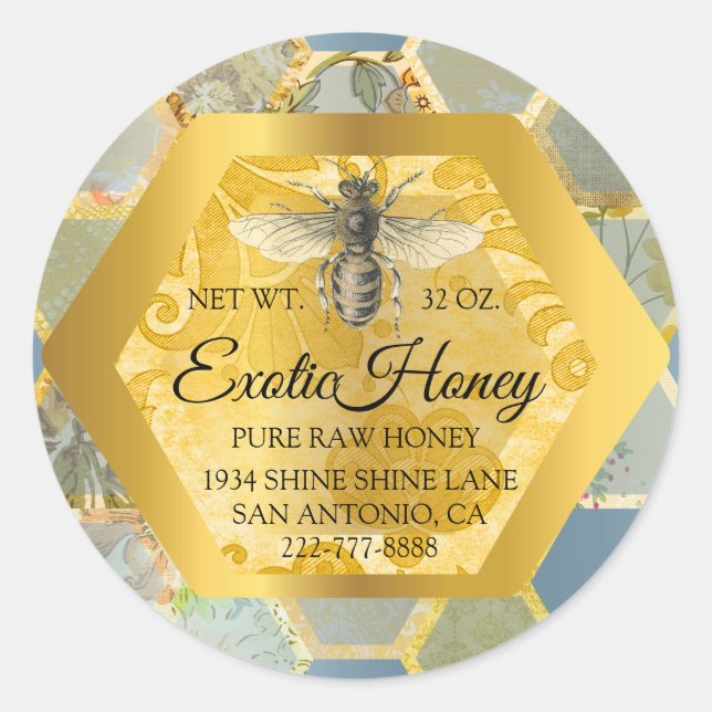 Adesivo Redondo Raw Honey Jar Honeybee Honeycomb Bee Apiary Teal (Frente)