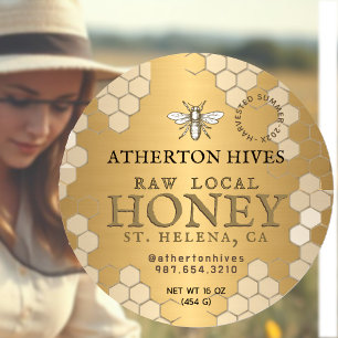 Adesivo Redondo Raw Local Honey Honeycomb Heraldic Bee