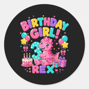 Adesivo Redondo Rawr 3 Três Rex Dinossauro Rosa Aniversário de 3 a