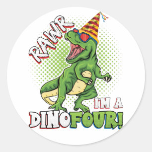 Adesivo Redondo Rawr Eu sou um Dinofour 4º Aniversário do Dinossau