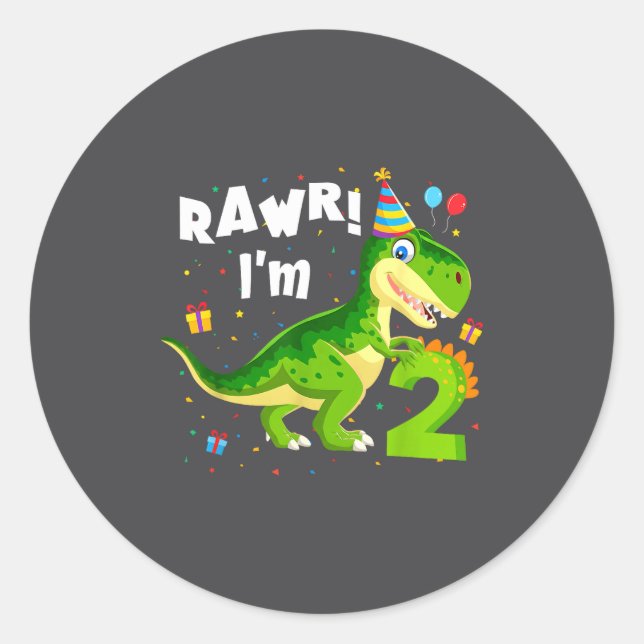 Adesivo Redondo Rawr I'm 2 2nd Birthday T Rex Dinosaur Funny Party (Frente)