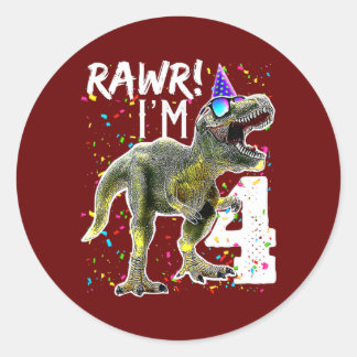Adesivo Redondo Rawr I'm 4 4º aniversário T Rex Dinossaur Party