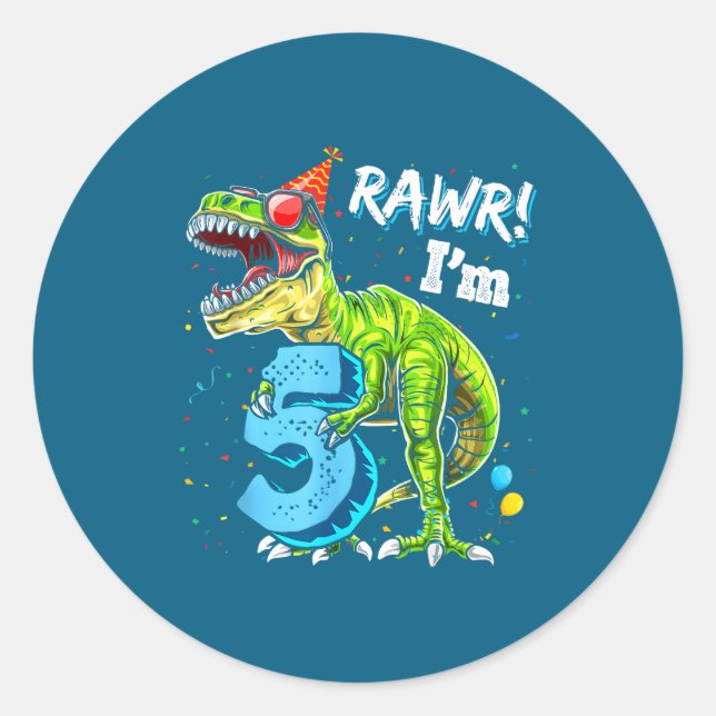 Adesivo Redondo Rawr I'm 5 5th Birthday T Rex Dinosaur Funny Party (Frente)