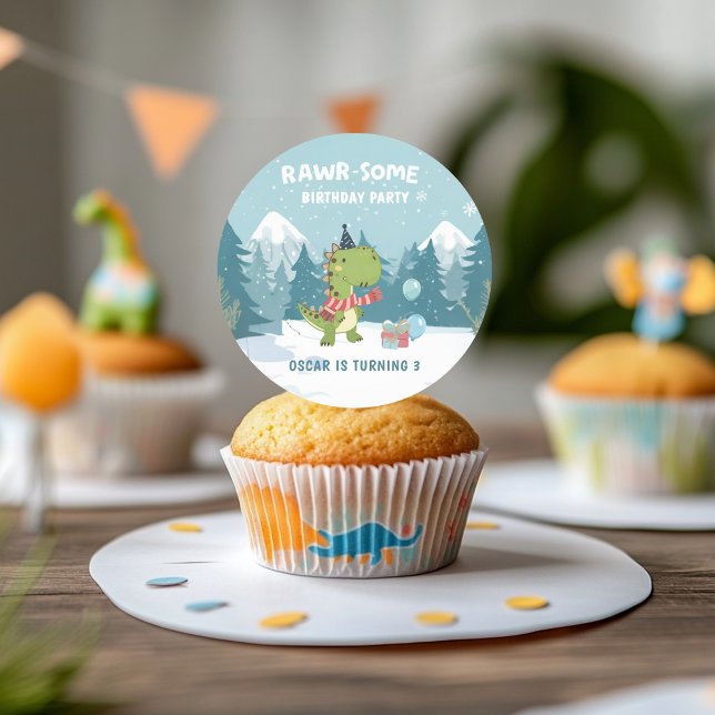 Adesivo Redondo RAWR-Some Dinossaur Winter Birday (Criador carregado)