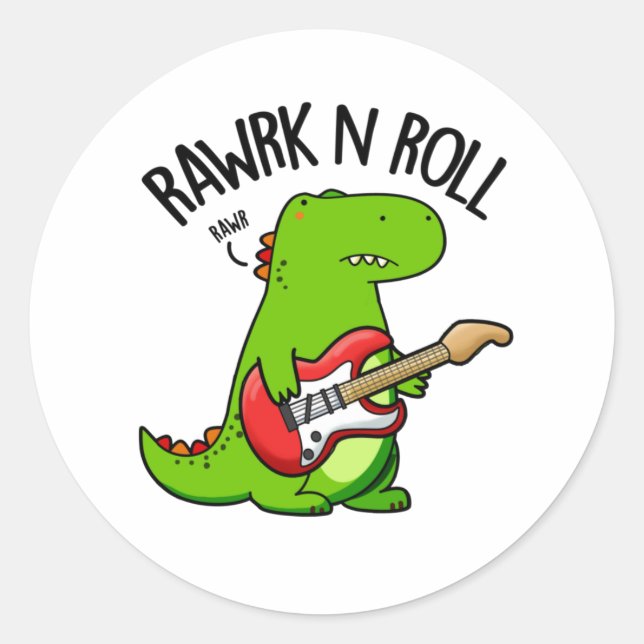Adesivo Redondo Rawrk E Roll Funny Rocker Dinossaur Pun (Frente)