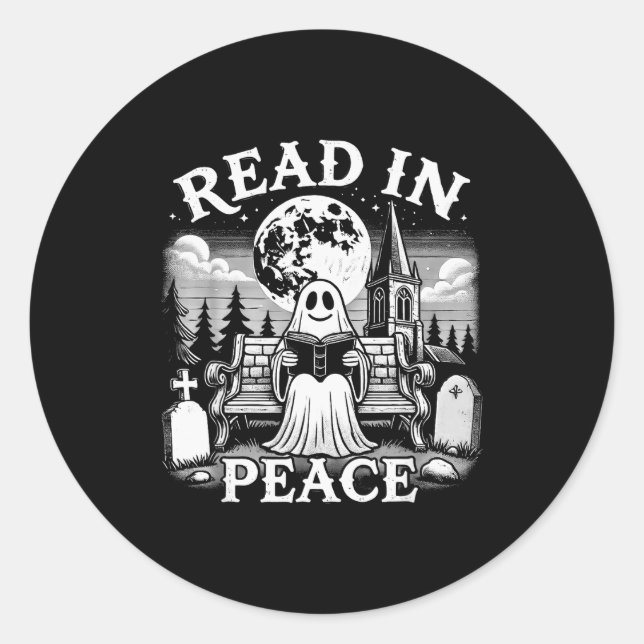 Adesivo Redondo Read In Peace Ghost Reading Books Funny Halloween  (Frente)