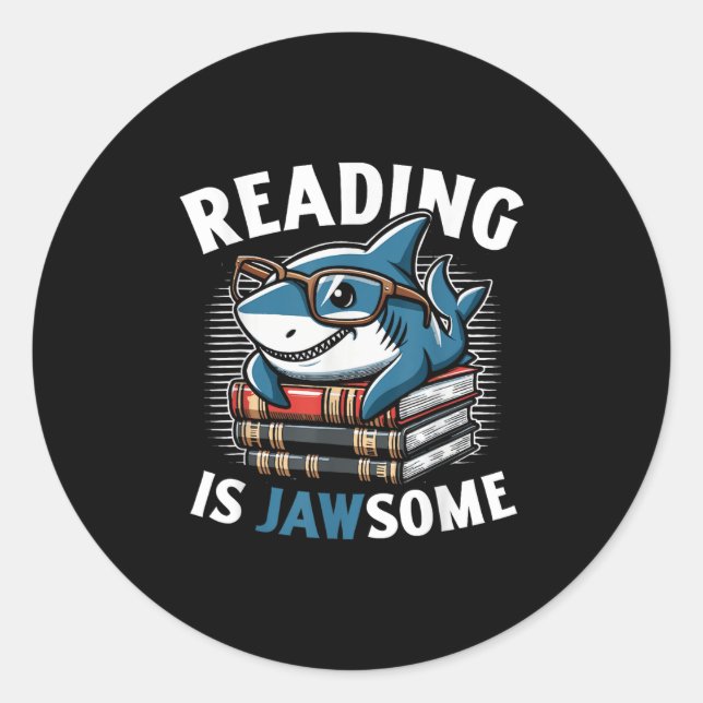 Adesivo Redondo Reading Is Jawsome Shark Books Bookworm Reader  (Frente)