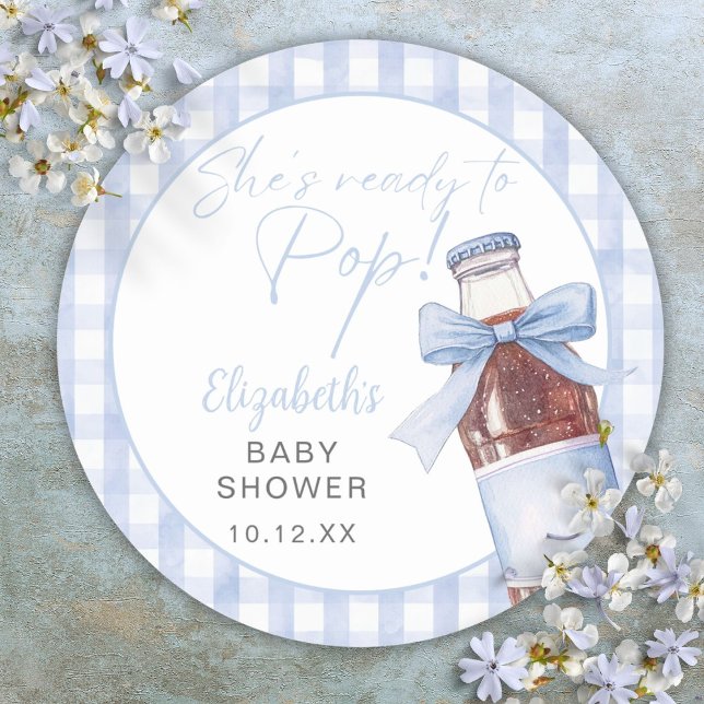 Adesivo Redondo Ready To Pop Blue Bow Soda Bottle Baby Shower (Ready To Pop Blue Bow Soda Bottle Baby Shower Classic Round Sticker)