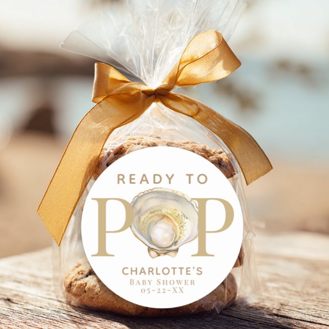 Adesivo Redondo Ready to Pop Little Pearl Ocean Baby Shower Favor  (Ready To Pop Favor Sticker)