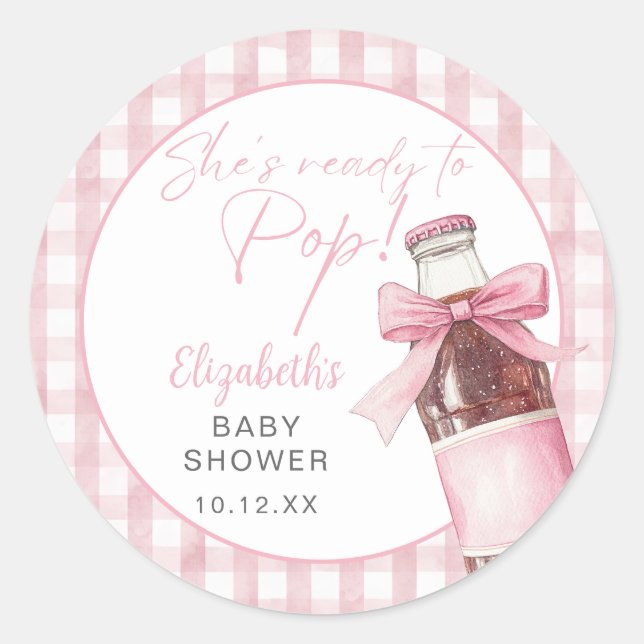 Adesivo Redondo Ready To Pop Pink Bow Soda Bottle Baby Shower (Frente)