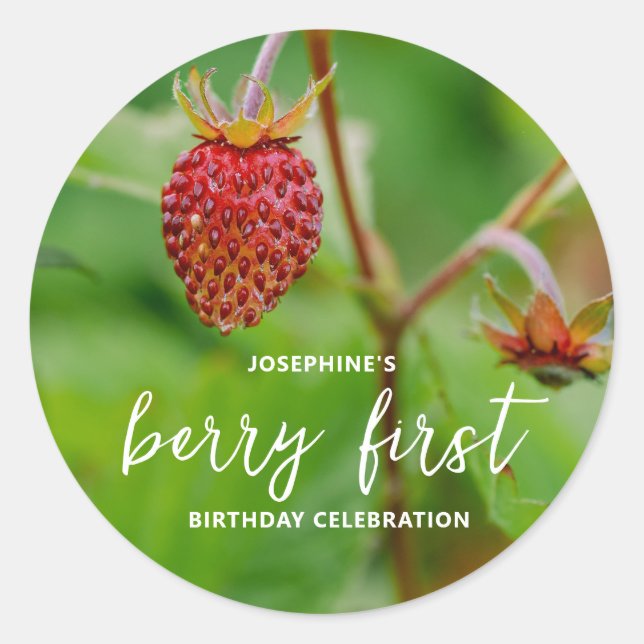 Adesivo Redondo Real Red Strawberry Photo Berry First Birthday (Frente)