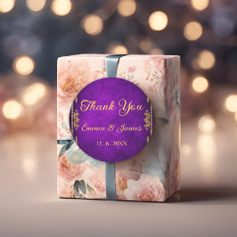 Adesivo Redondo Real Roxo e Dourado Obrigado Favor do Casamento