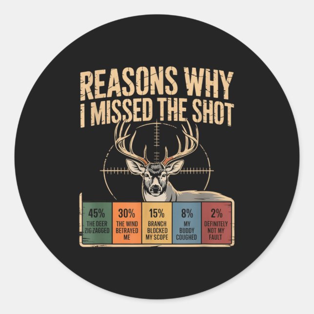Adesivo Redondo Reasons Why I Missed The Shot Funny Deer Hunting E (Frente)