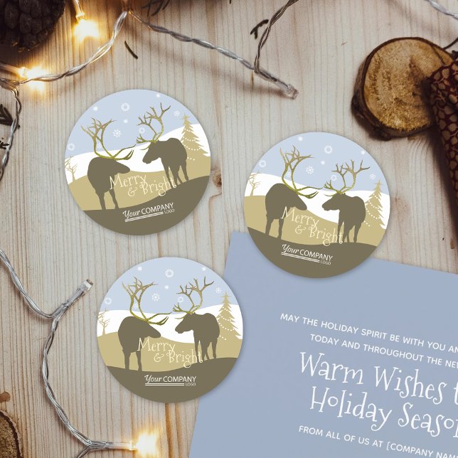 Adesivo Redondo Rebelde Azul Dourado para Reindeer Antlers de Feri (rustic light blue beige brown reindeer antlers logo company christmas stickers favor envelope seals)