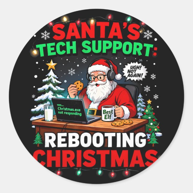 Adesivo Redondo Rebooting Funny Santa's Tech Support Christmas Com (Frente)