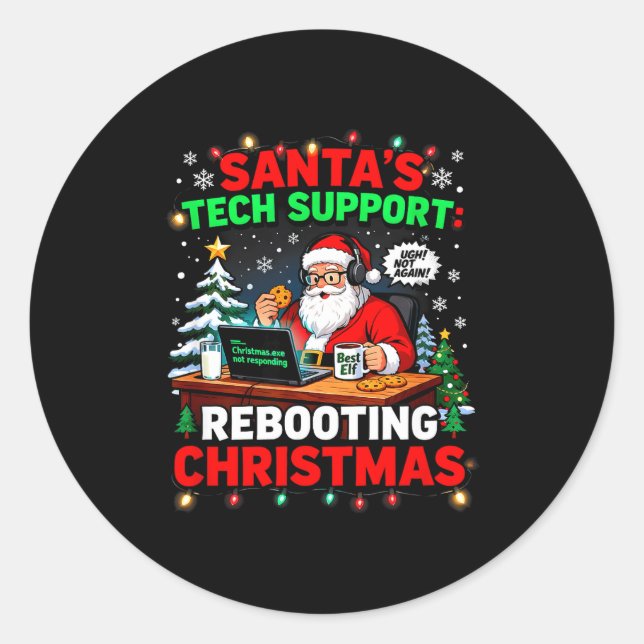 Adesivo Redondo Rebooting Funny Santa's Tech Suprt Christmas Compu (Frente)